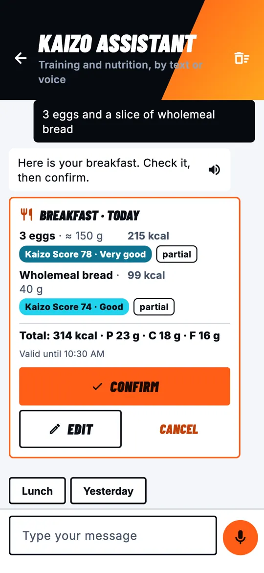 Kaizo assistant: a breakfast described by text, broken down into calories and macros, to confirm.