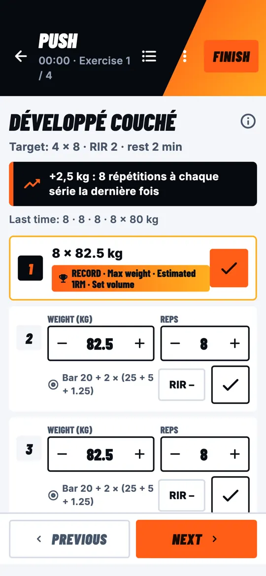 Kaizo gym mode: bench press, set completed with a new max weight record.