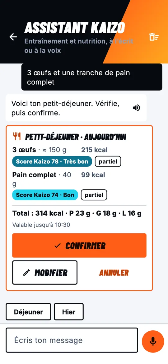 Assistant Kaizo : un petit-déjeuner décrit à l'écrit, détaillé en calories et macros, à confirmer.