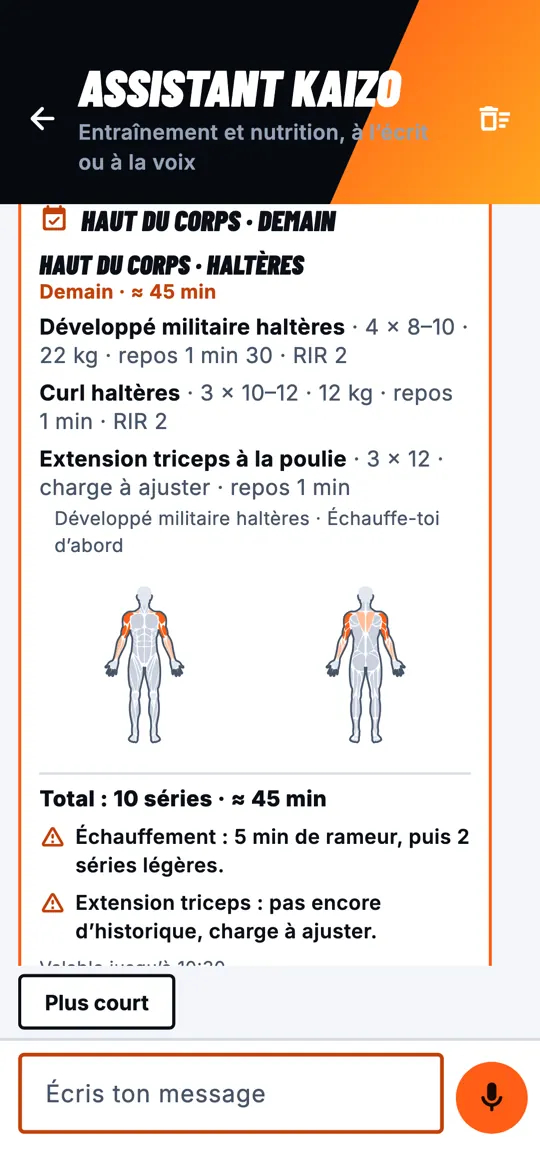 Assistant Kaizo : séance haut du corps préparée pour demain, avec exercices, séries et muscles ciblés.