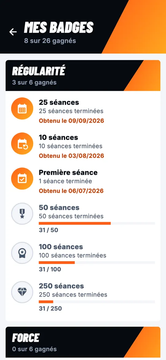 Écran Mes badges : badges de régularité obtenus et suivants à débloquer.
