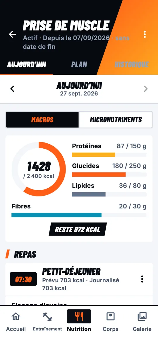 Journal du jour : 1 428 kcal sur 2 400, avec protéines, glucides, lipides et fibres.