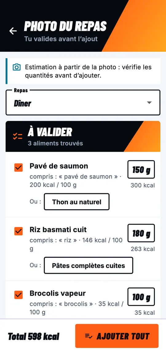 Photo d'un repas analysée : saumon, riz basmati et brocolis, quantités à valider.