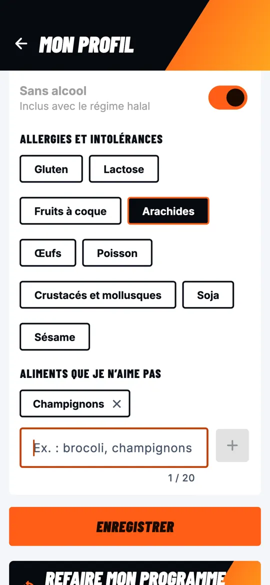 Préférences alimentaires du profil : régime halal sans alcool, allergies et aliments à éviter.