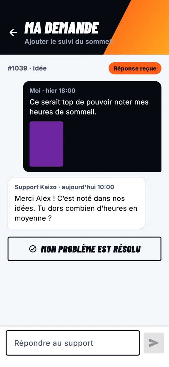 Fil d'une demande au support : une idée envoyée et la réponse de l'équipe Kaizo.