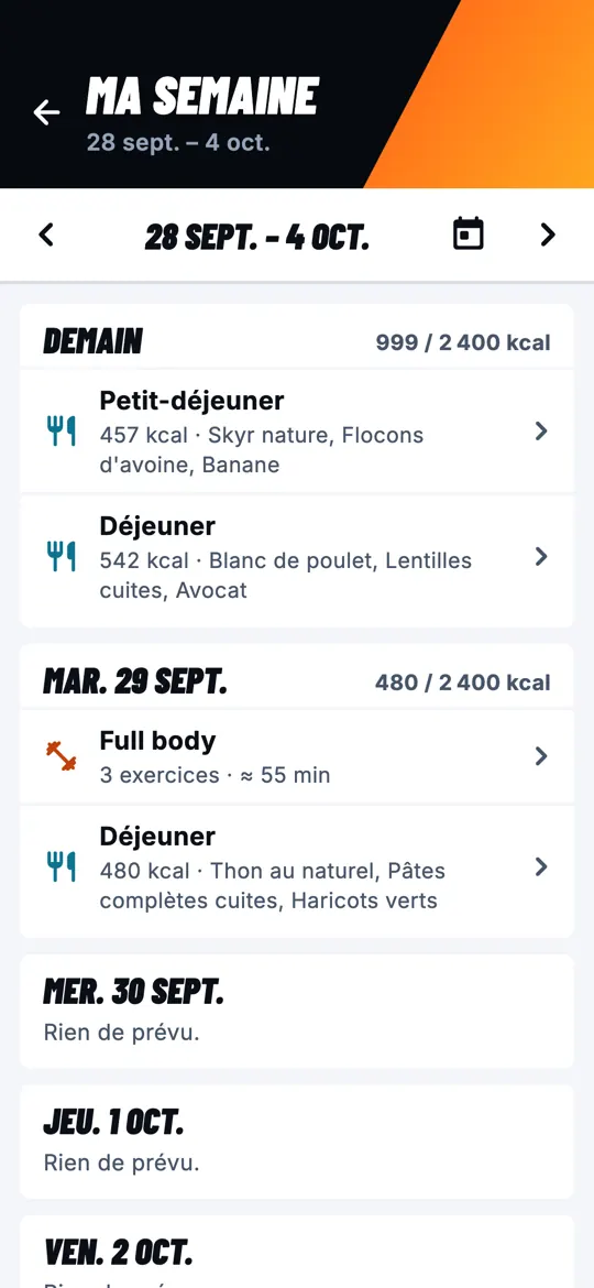 Écran Ma semaine : repas et séance prévus pour les prochains jours, avec les calories.